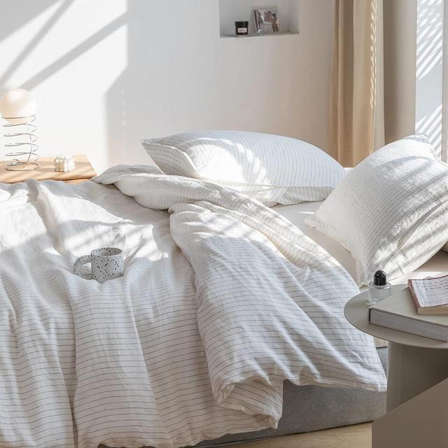 Simple&Opulence 100% Pure Linen Duvet Cover Set, 3Pcs Striped Washed Natural Flax Bedding Set with Button Closure, Soft Breathable Durable Farmhouse-1 Duvet Cover&2 Pillowshams (Queen, Grey Stripe)