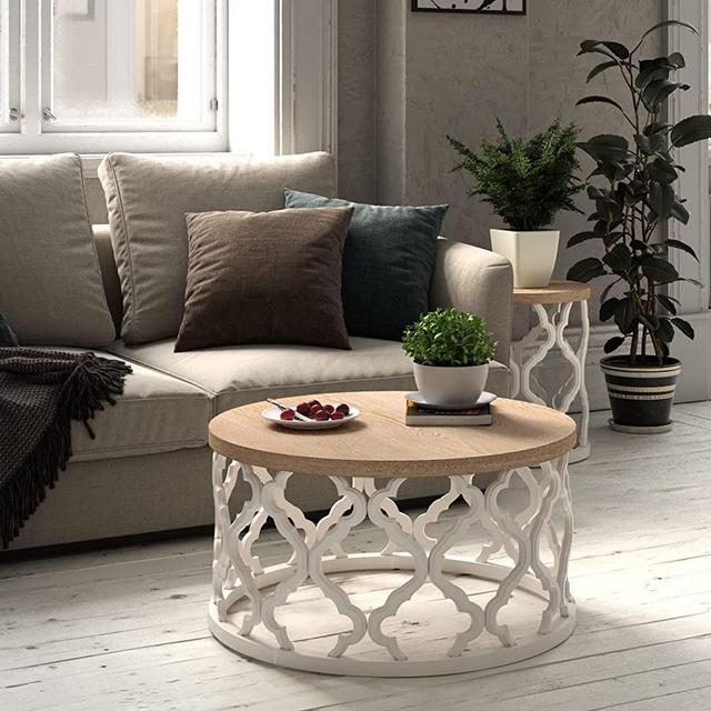 COZAYH Rustic Farmhouse Coffee Table, Distressed Wood Top Table with Curved Motif Frame Base for Boho, French Country Decor, Round, White, 30Dx30Wx16H in