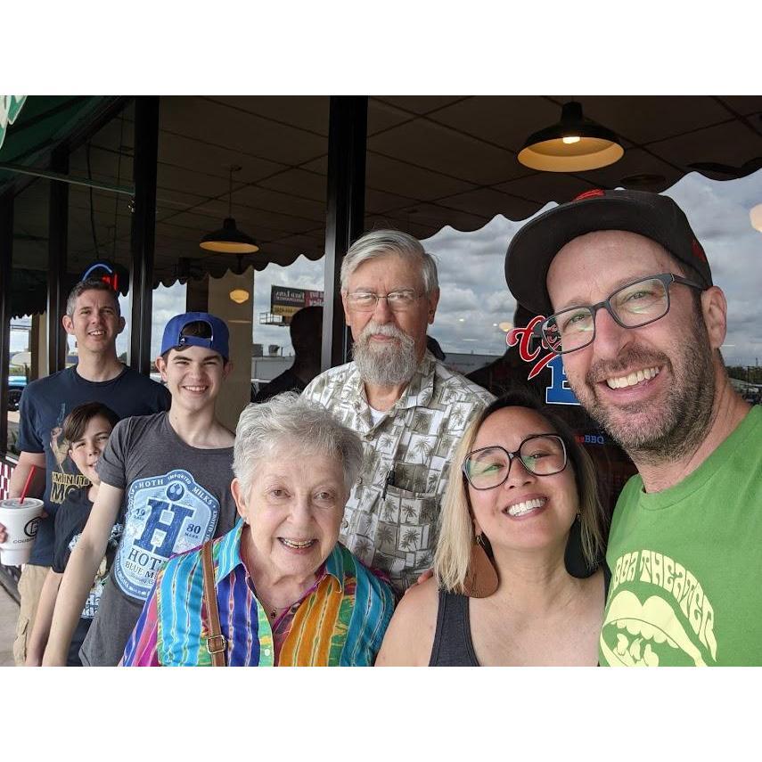 Jeff's mom, dad, nephews, and brother Randy outside of Cousin's BBQ in Fort Worth, TX