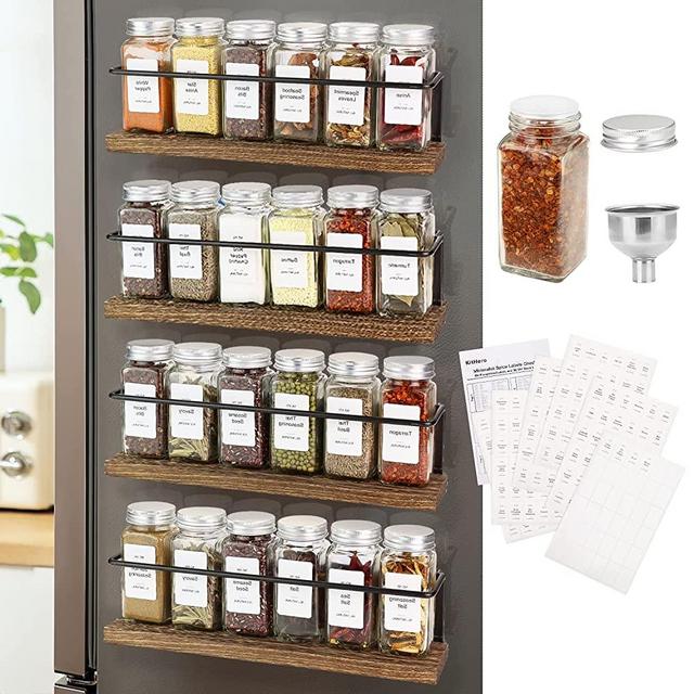 KitHero Magnetic Spice Racks with 24 Jars, 216 Labels, 1 Steel Funnel for Refrigerator，Microwave Oven - Full Set of Spice Organizer