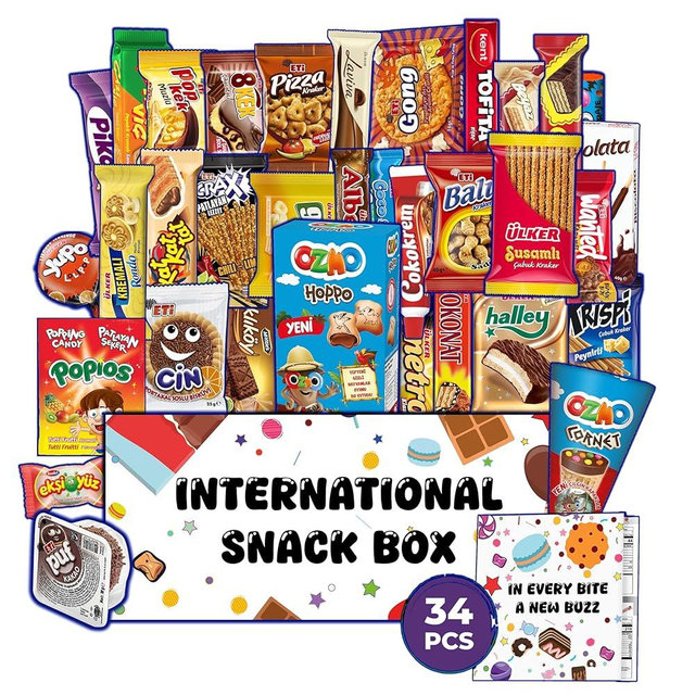 Mega International Snack Box | 34+ Pieces Full-Size Exotic Snacks | Foreign Snacks from Around the World | Universal Yums for Students, Office | Turkish Snack Box for Adults and Kids