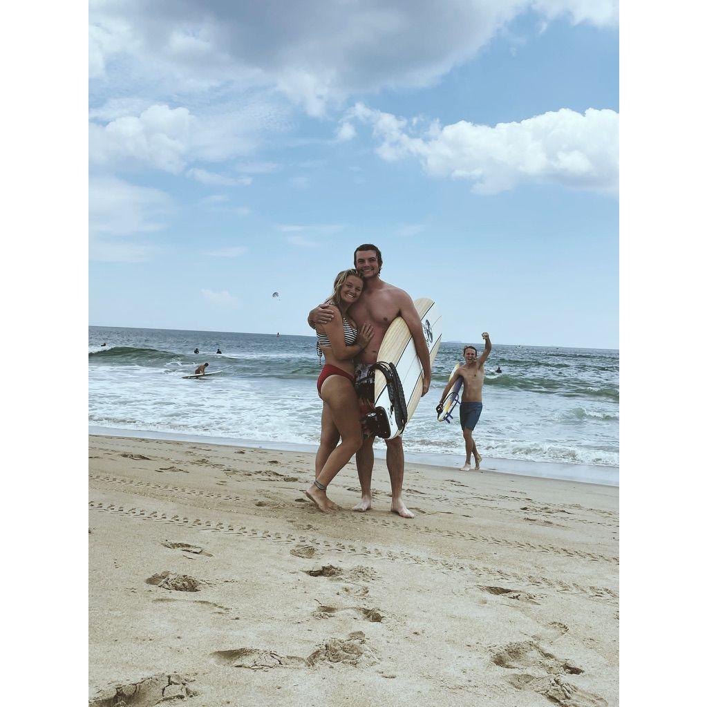 Tommy's first time visiting Virginia Beach in July 2022, and his first wave! (Molly's brother Jack stoked for him in the back)