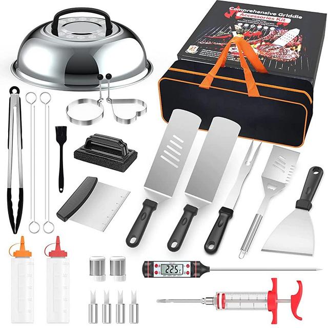 Griddle Accessories, 27 PCS Stainless Steel Grilling Kit, Flat Top Grill Accessories Set for Blackstone and Camp Chef, Barbecue Utensil Gifts for Men with Basting Cover, Thermometer & Meat Injector