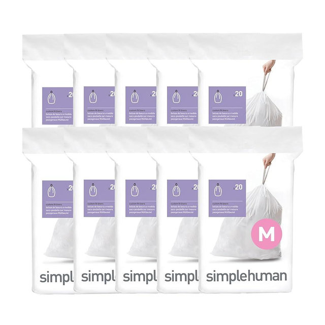 simplehuman Code M 200 Count, Genuine Custom Fit Liners, Drawstring Trash Bags in Dispenser Packs, 45 Liter / 11.9 Gallon, White