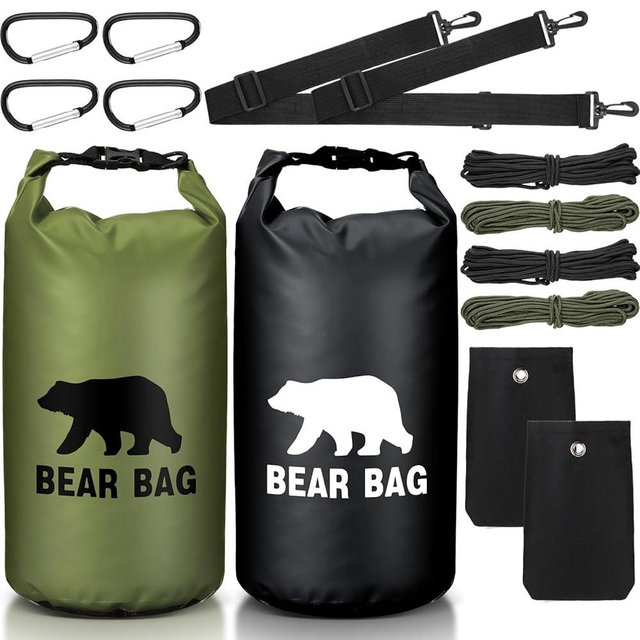 Foilswirl 2 Sets Bear Food Bag for Camping Ultralight Food Bag Hanging System Includes 2 Pcs 10 L Waterproof Bear Bag Pulley System and 4 Pcs Nylon Ropes 4 Pcs Clips 2 Pcs Rock Pouch
