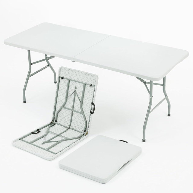 SEALAMB 6FT Portable Plastic Folding Table for Indoor & Outdoor, Heavy Duty Fold Up Table Foldable Picnic Tables Dining Table for Camping Parties Backyard Events(White, 6FT)