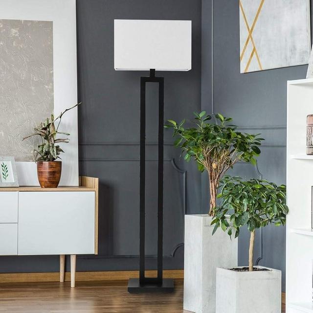 58" Matte Black Floor Lamp with White Linen Shade Modern Contemporary