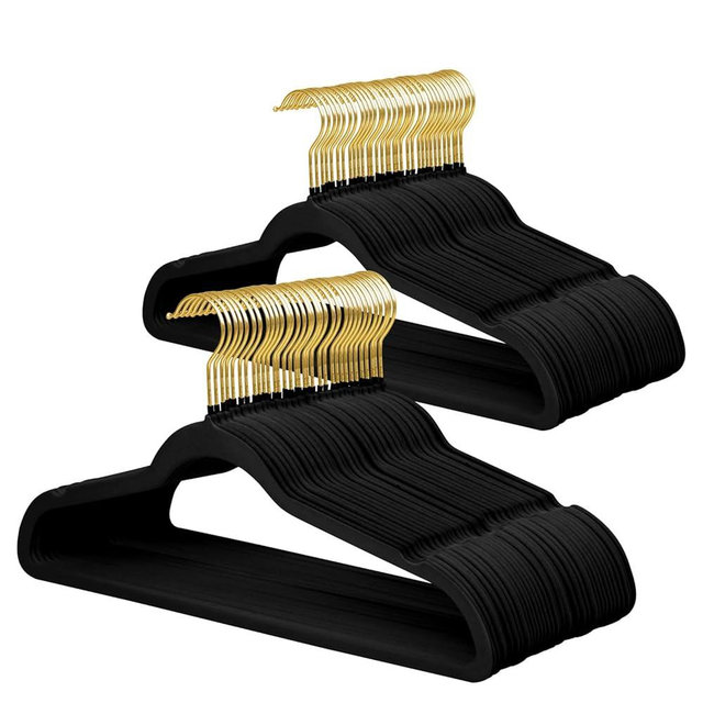 ManGotree Velvet Coat Hangers with 360° Swivel Gold Hook, Non-Slip Felt Suit Hangers, Ultra-Thin Space Saving Clothes Hanger for Jacket, Sweater, Shirt, Dress, Pants (66 Pack, Black)