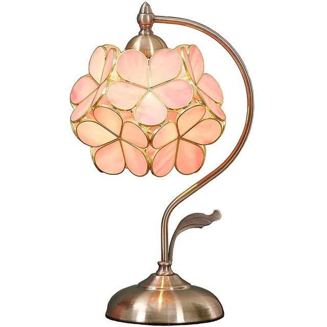 Bieye L10732 Cherry Blossom Tiffany Style Stained Glass Table Lamp with Petal Lampshade Vintage Brass Base, 8" D x 10" W x 17" H (Pink)