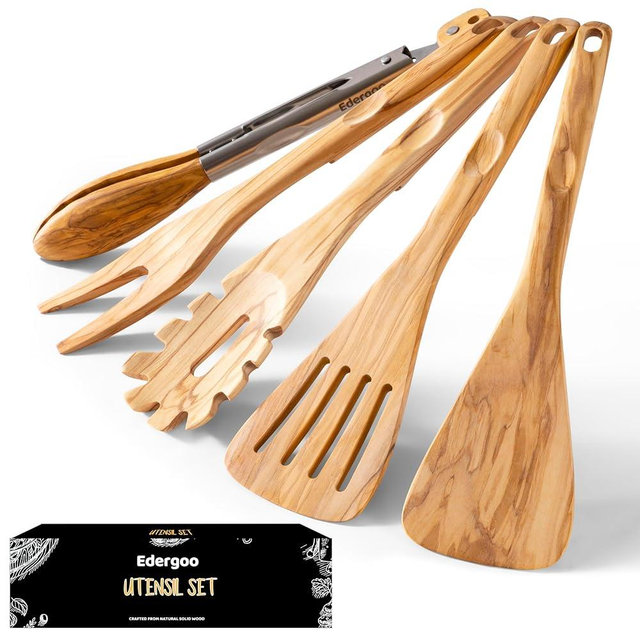 Edergoo Olive Wood Cooking Utensils Set, 5 PCS Wooden Spoons for Cooking Includes Stainless/Wood Tong, Natural Non-Stick Wooden Utensils Set with Innovative Finger Groove & Non-Slip Notch Design