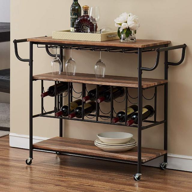 HOMYSHOPY Industrial Bar Cart with Wine Rack and Glass Holder, Mobile Wine Carts with Wheels for The Home, Metal Serving Cart and Kitchen Storage Cart 3 Shelves, Vintage Brown