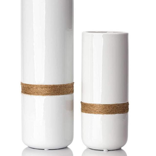 Jasius Ceramic White Vase Set - Elegant White Vases for Decor with Rustic Boho Rope Accent, Non-Scratch Base - Decorative Minimalist Vases for Flowers, Home, Office, Living Room, Kitchen - 2-Piece