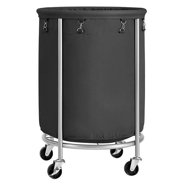 SONGMICS Laundry Basket with Wheels, Rolling Laundry Hamper, Round Laundry Cart with Steel Frame and Removable Bag, 4 Casters and 2 Brakes, Black and Silver URLS001B01