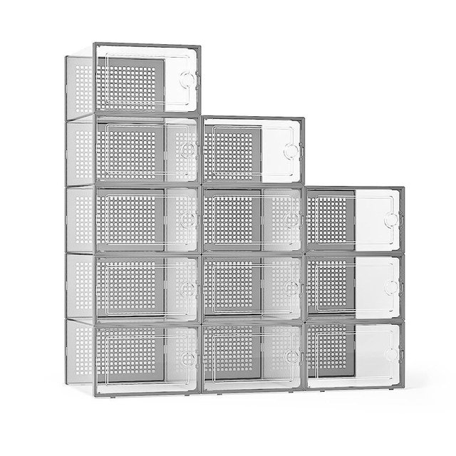 Kuject Large Shoe Organizers Storage Boxes for Closet 12 Pack, Clear Plastic Stackable Sneaker Containers Bins with Lids, Great Substitute for Shoe Rack, Space Saving for Entryway, Under Bed, Grey