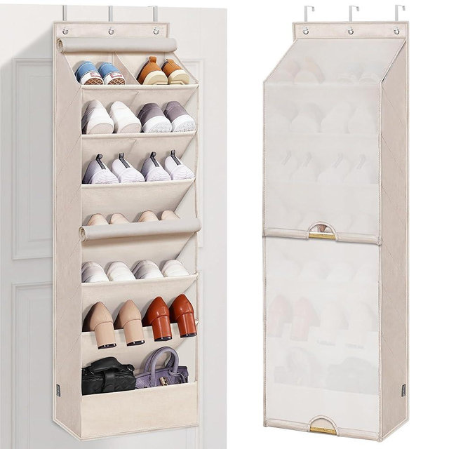 STORAGE MANIAC Over the Door Shoe Organizer with Curtain Dustproof Heavy-Duty Large Deep Pocket Hanging Shoe Organizer for Closet Dorm & Narrow Door Storage Shoe Holder Shoe Rack, 7-Shelf Beige 1 Pack