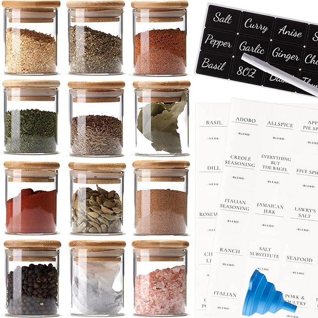 Stylvio 12 8oz Glass Spice Jars with Airtight Natural Bamboo Lids Set, 12 Seasoning Jars with 95 Pre-printed Minimalistict Labels + 12 Black Chalkboard Labels and Erasable Liquid Chalk Pen, Glass Jars with Bamboo Lids and Labels
