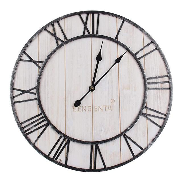 Bengenta Wall Clock Wooden Rustic Antique Decoration 3D Roman Numerals,Wall Clocks for Living Room,Kitchen,Office,Mantel(23 inches-White)