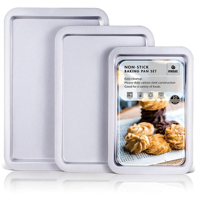 HONGBAKE Cookie Sheet, Baking Sheet Set, Nonstick Oven Pan with Wider Grips,3 Pack, Avoid Too Much Browning -Noble Silver