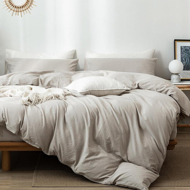MooMee Bedding Duvet Cover Set 100% Washed Cotton Linen Like Textured Breathable Durable Soft Comfy (Cream Grey, Alaska King)