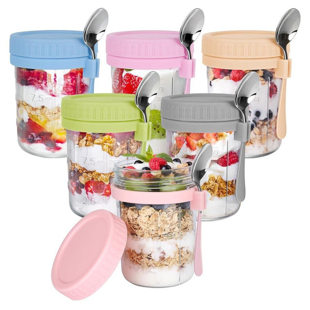 OcePor 6 Pack Overnight Oats Containers with Lids and Spoons, 16 OZ Glass Mason Overnight Oats Jars, Large Capacity Airtight Jars for Milk, Cereal, Fruit