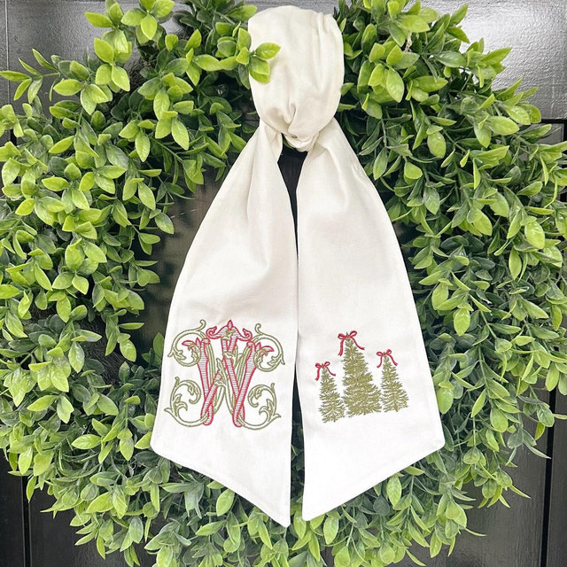 Christmas Wreath Sash | Monogrammed Christmas Tree Holiday Decor | Embroidered Christmas Decor Gift