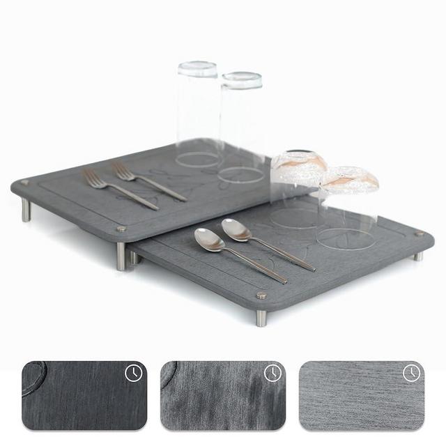 2 PCs Nesting Stone Dish Drying Mats for Kitchen Counter - Absorbent Quick Drying Diatomaceous Earth Stone Drying Mat with Non-Slip Feet - Heat Resistant & Odorless Dish Drying Stone Mat - Dark Gray