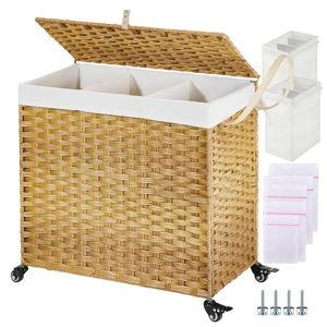 Greenstell Laundry Hamper with Wheels&Lid, 130L Large 3 Sections Clothes Hamper with 2 Types Removable Liner Bags, 5 Mesh Laundry Bags, Handwoven Divided Laundry Basket for Clothes, Natural
