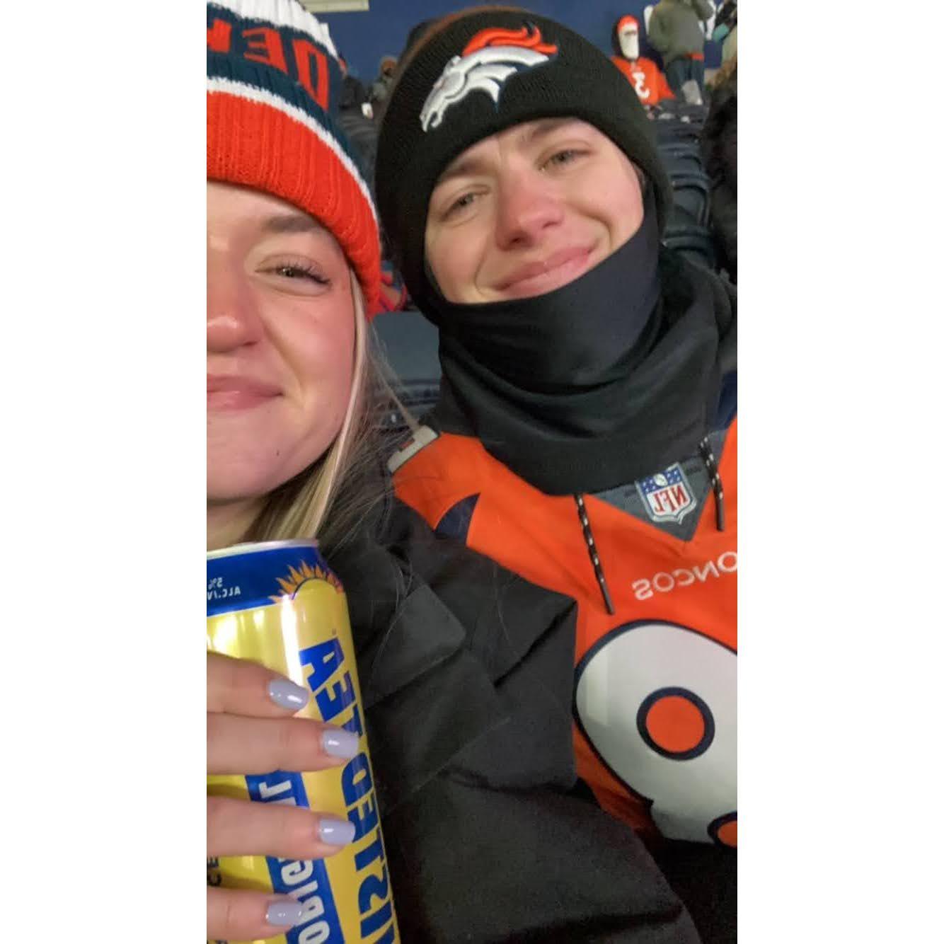 Celebrating Christmas at the Broncos game!