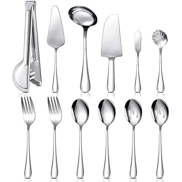 12 Pieces Serving Utensils Large Serving Spoons Sliver Serving Spoons Stainless Steel Flatware Serving Set Hostess Set Cake Serving Set Serving Knife and Fork for Home Kitchen Parties