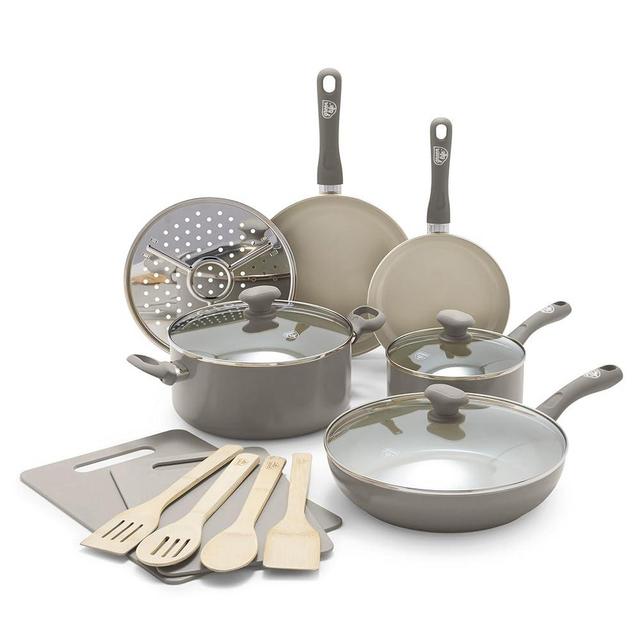 GreenLife Sandstone Healthy Ceramic Nonstick, 15 Piece Kitchen Cookware Pots and Frying Sauce Pans Set, PFAS- Free, Dishwasher Safe, Gray