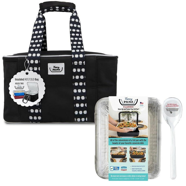 Fancy Panz Bundle, Black Insulated Carrier Bag + Marble Classic, Made in the USA Foil Pan Carrier, Travel Casserole Carrier with Disposable Aluminum Pan & Reusable Serving Spoon