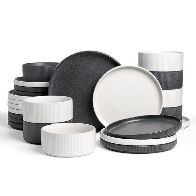 Famiware Star Dinnerware Set, Plates and Bowls Sets for 8 (24pcs), Ribbed Stoneware Dishes - Chip & Scratch Resistant, Microwave & Dishwasher Safe, Multicolor - Matte White & Matte Dark Charcoal