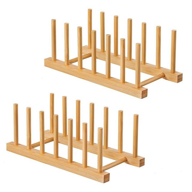 HBlife 2pcs Bamboo Dish Plate Bowl Cup Book Pot Lid Cutting Board Drying Rack Stand Drainer Storage Holder Organizer Kitchen Cabinet（Keep Dry）