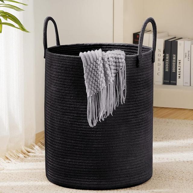YOUDENOVA Woven Rope Laundry Hamper Basket, 72L Tall Luandry Basket, Baby Nursery Hamper for Blanket Storage, Clothes Hamper for Laundry in Bedroom-Large- Black