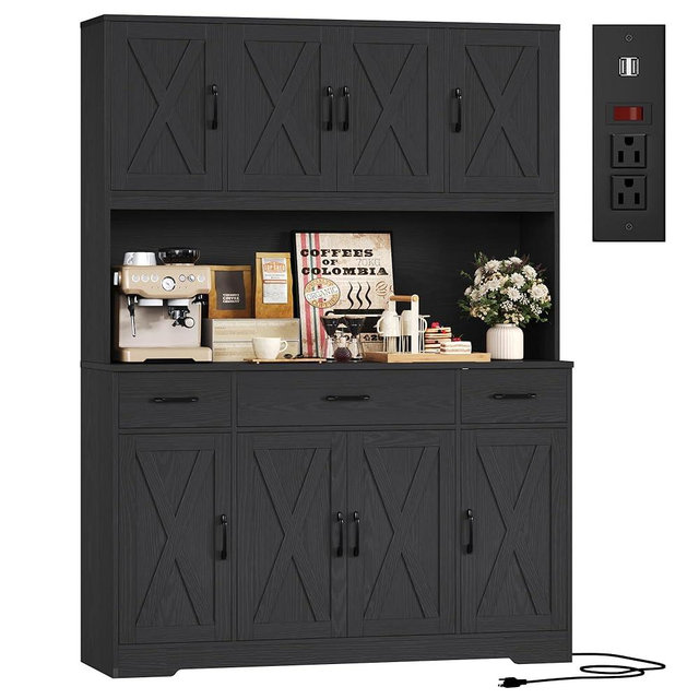 HOSTACK 71" Tall Kitchen Pantry Storage Cabinet with Charging Station, 55" Wide Kitchen Hutch Cabinet with Large Countertop, Farmhouse Food Pantry with Drawers for Living Room, Black Wood Grain