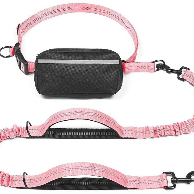 iYoShop Hands Free Dog Leash with Zipper Pouch, Dual Padded Handles and Durable Bungee for Walking, Jogging and Running Your Dog (Large, 25-120 lbs, Baby Pink)