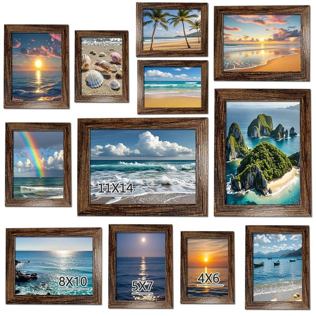 xnlkros 12 pack assorted gallery wall picture frame,rustic farmhouse wood picture frames multiple sizes including 4x6, 5x7, 8x10, 11x14, Ideal for living room hanging or tabletop display,Dark Brown