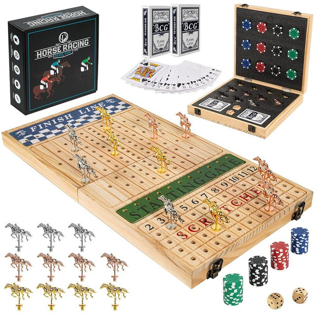 Horse Racing Board Game - 23"x12" - Derby Classic Horse Race Game with 11 Premium Metal Horses - Foldable Wood Horse Game with Dice, 2 Packs of Cards & 60 Poker Chips - Natural Wood