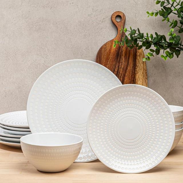 BZYOO 12 Piece Ceramic Dinnerware Set Serive for 4 Porcelain Plates and Bowls for Dining Pearl White Dishes Set Microwave Safe (12 PCS Dishes set, Bijou Collection)