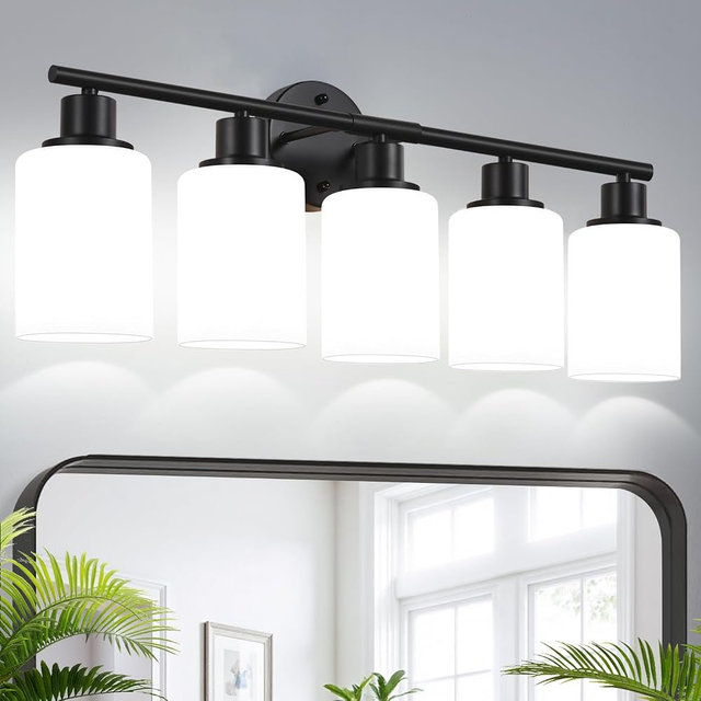 5-Light Bathroom Light Fixtures, Black Modern Vanity Lights with Milky White Frosted Glass Shades, Bathroom Wall Lamp, Clear Glass Shade, for Mirror, Living Room, Kitchen, Hallway, Cabinet, Porch
