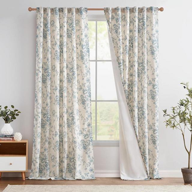 jinchan Lined Linen Curtains Floral Curtains for Living Room 96 Inches Long Blue Peony Flower Printed Curtains Rod Pocket Back Tab Farmhouse Patterned Drapes Bedroom Window Curtains Set 2 Panels