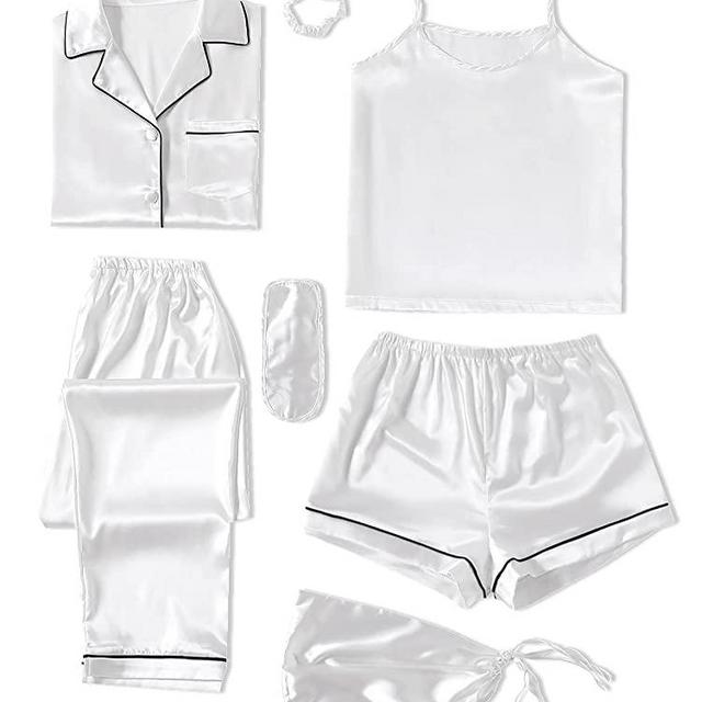 LYANER Women's Pajamas Set 7pcs Silk Satin Sleepwear Loungewear Cami Shirt Pj Set