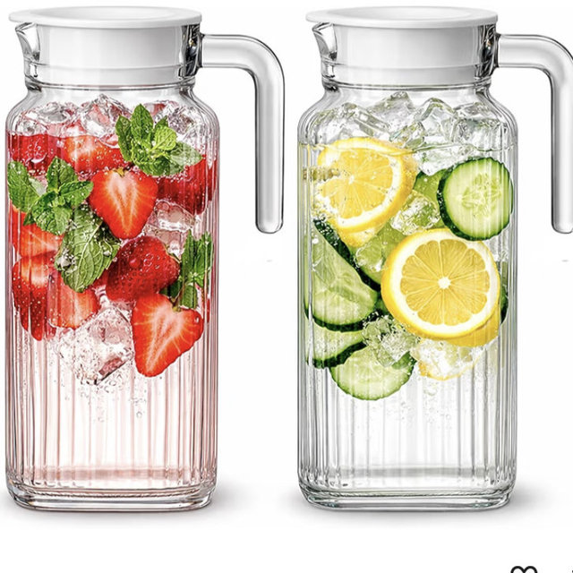 Glass Pitcher with Lid – 2 Pack 55 oz Glass Water Pitcher, Iced Tea Pitcher with Handle, Ribbed Juice Container for Fridge, Glass Beverage Container for Lemonade, Milk, Drinks