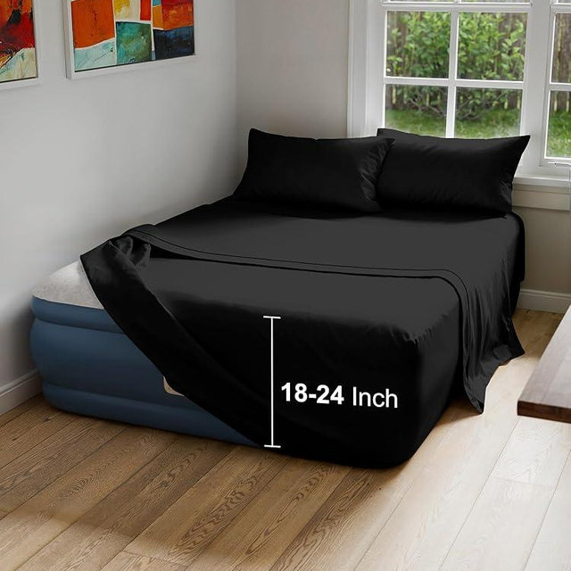 Air Mattress Sheet Set for Queen Size - 4 Piece Breathable & Cooling Sheets w/Extra Deep Pockets - Fits Inflatable & Blow Up Air Mattresses Up to 24 Inches Thick - Ultra Soft & Wrinkle Free - Black