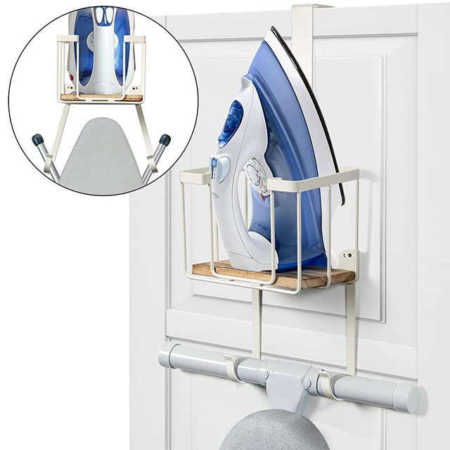 TJ.MOREE Over The Door/Wall Mount Ironing Board Hanger, Laundry Room Iron and Ironing Board Storage Holder, White