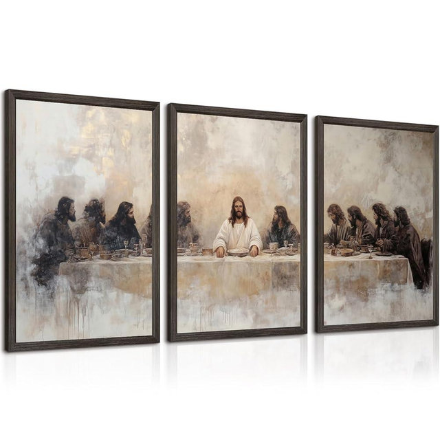 The Last Supper Wall Art Decor Jesus Last Supper Canvas Painting Christian Pictures Poster Jesus Art Prints Religious Faith Artwork for Dining Room Living Room 16x24 Inch Wood Framed Set of 3