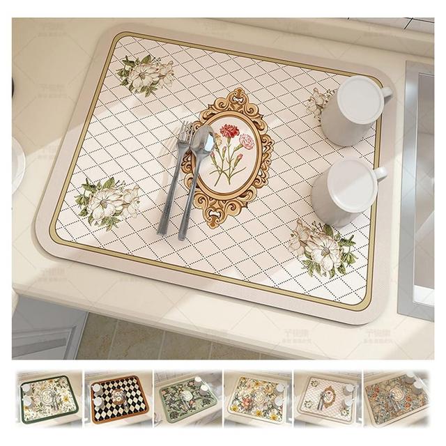 Fantasy Style Draining Mat, Absorbent Dish Drying Mat, Drying Pads for Kitchen Counter, Vintage Floral Plates Non-Slip Drain Pad Quick Dry Mats Kitchen Accessories (E)