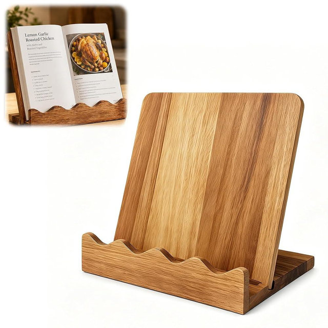 Dyhodu Wooden Cookbook Stand, 2 in 1 Scalloped Recipe Book Holder Cutting Board Keeps Cookbook or Tablets Open for Kitchen Counter