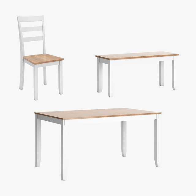 Signature Design by Ashley Gesthaven Casual Modern Dining Room Table Set with 4 Chairs and Bench, Set of 6, Mango Wood, 30.25" Table Height, White & Light Brown