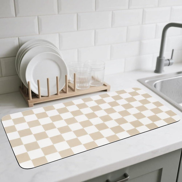 CooRug Checkered Dish Drying Mat for Kitchen Counter, Absorbent Non-Slip Coffee Mat, Heat Resistant Mat for Countertops Coffee Bar Decor 17" x 32" Khaki